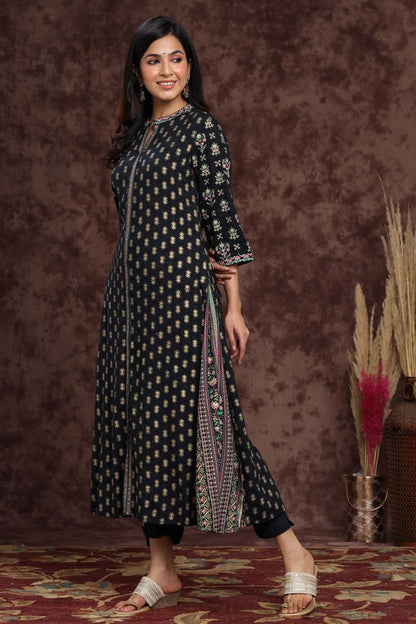 Women's Darkblue Rayon Printed A-Line Kurta Sets