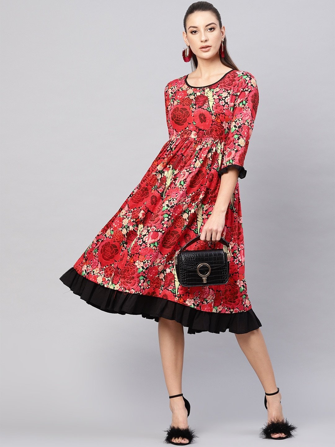 Women's  Red & Black Floral Print Midi A-Line Dress