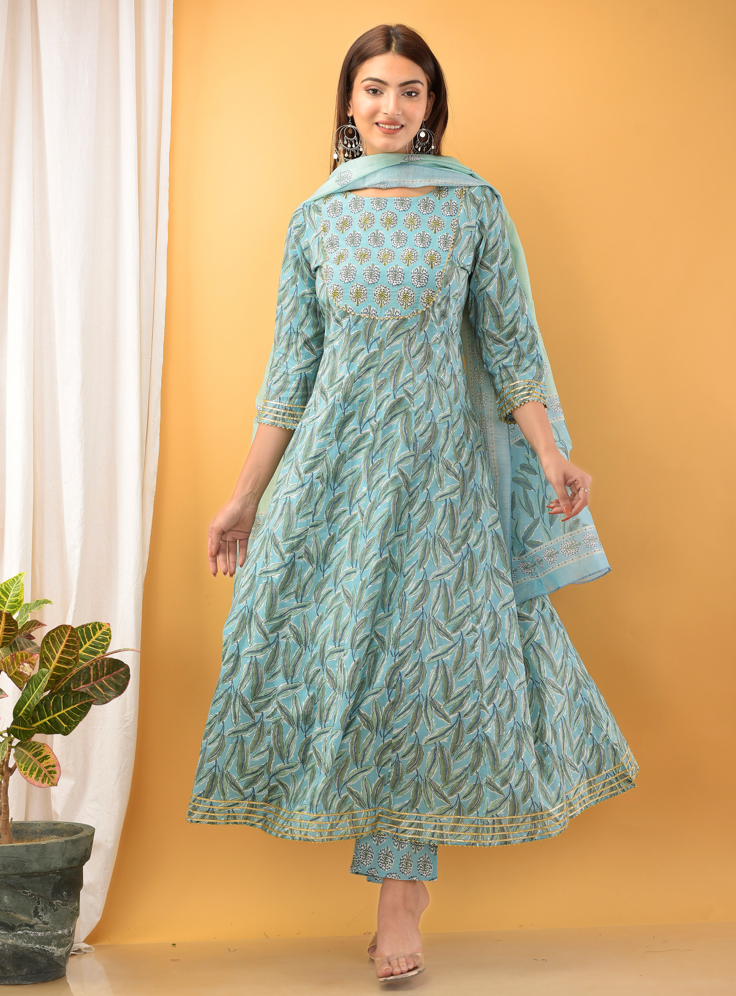 Women's Blue Handblock Dupatta Set