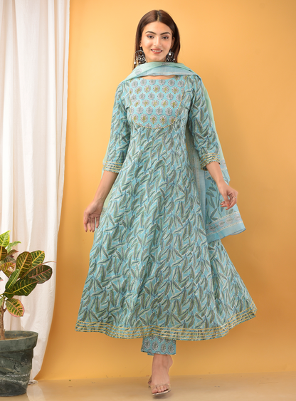 Women's Blue Handblock Dupatta Set