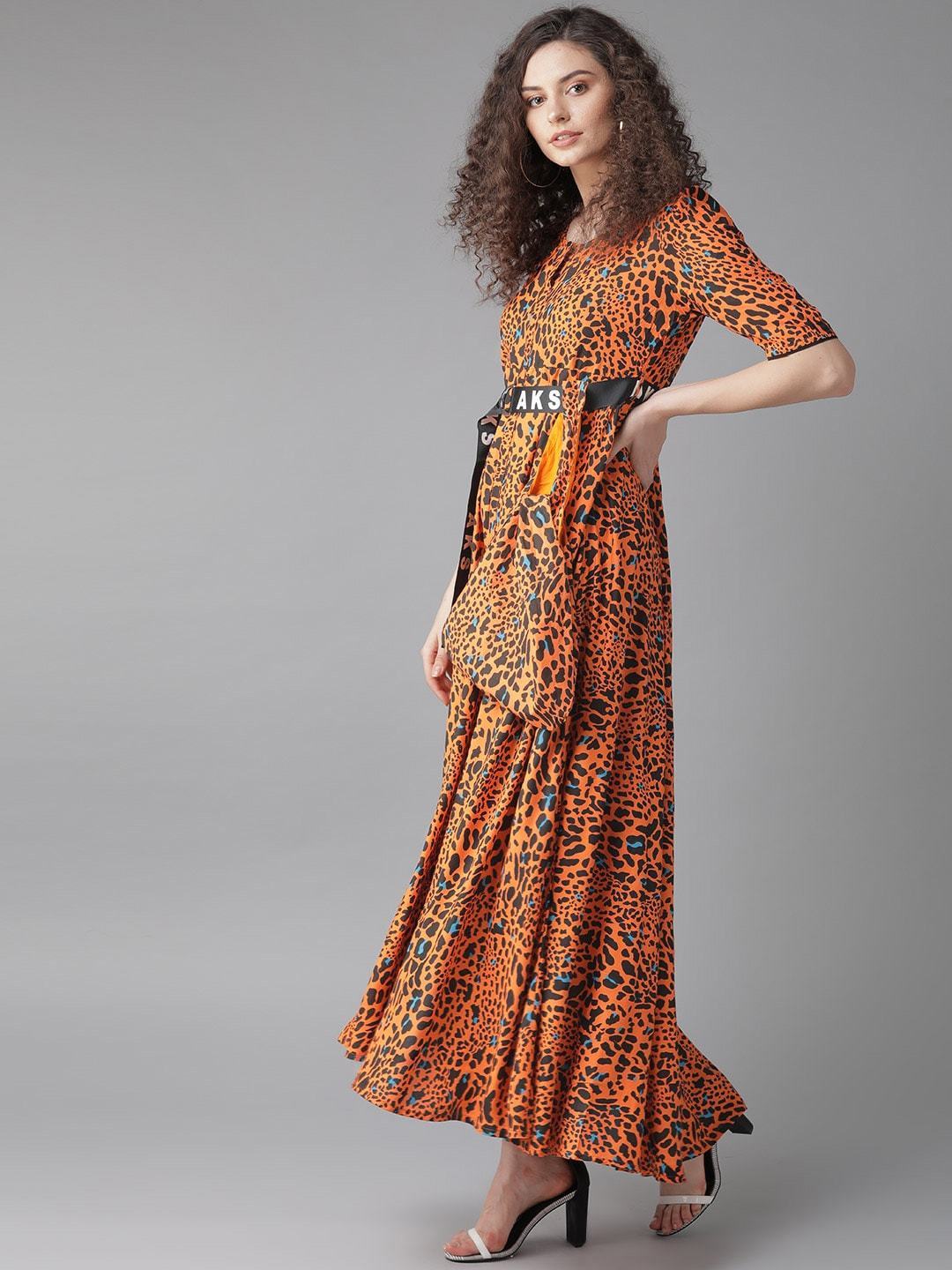 Women's  Orange & Black Animal Printed Maxi Dress