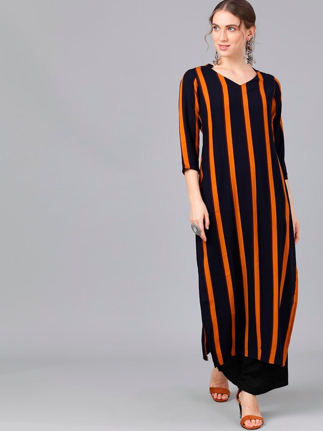 Women's  Navy Blue & Yellow Striped Straight Kurta