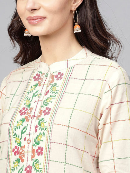 Women's  Off-White & Pink Checked Kurta with Palazzos