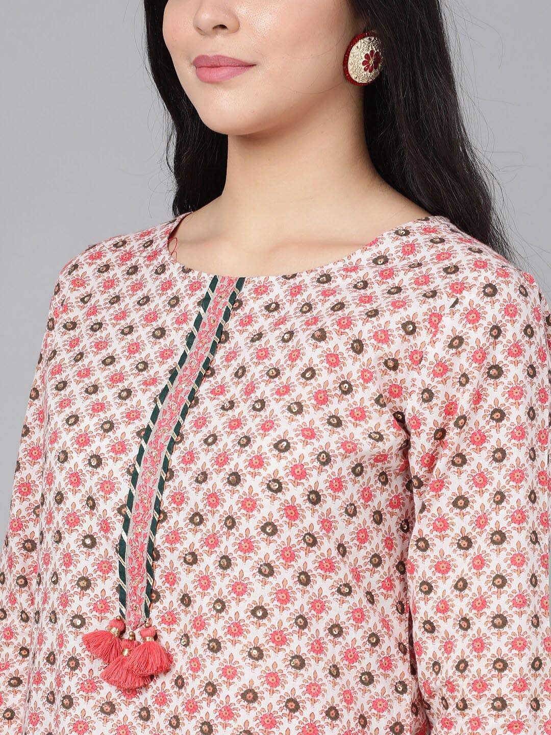 Women's  Peach-Coloured & Grey Printed Kurta with Skirt & Dupatta