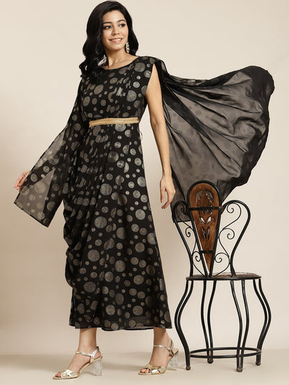 Women's Black Georgette Printed Flared Gown with Drape