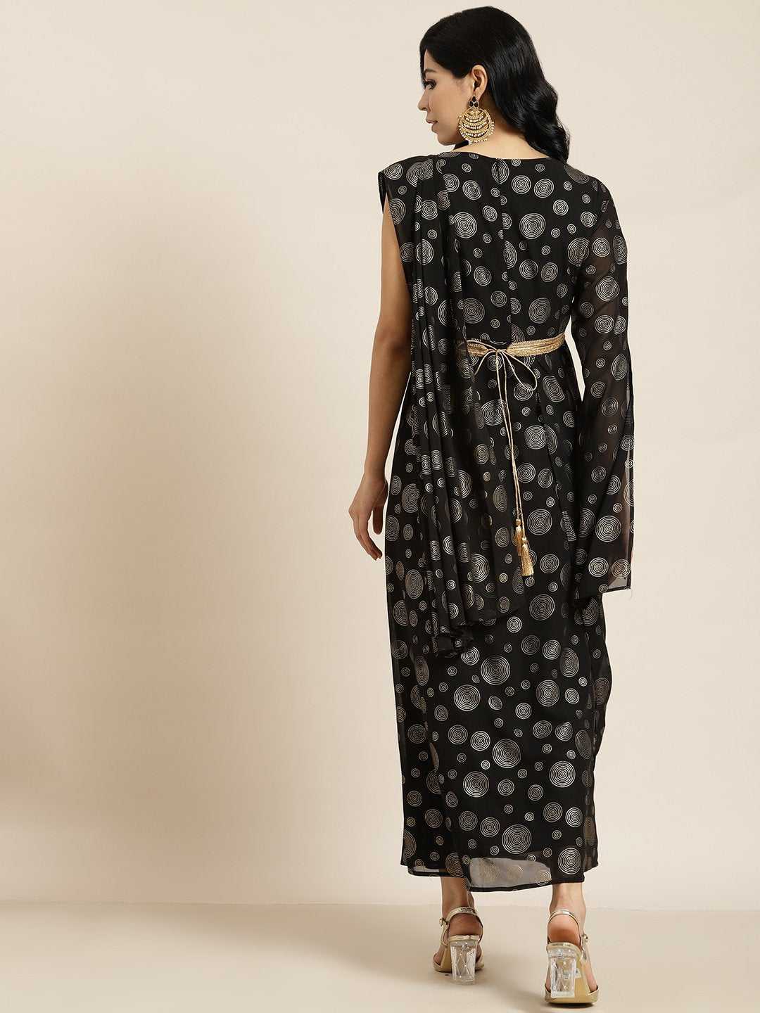 Women's Black Georgette Printed Flared Gown with Drape