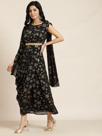 Women's Black Georgette Printed Flared Gown with Drape