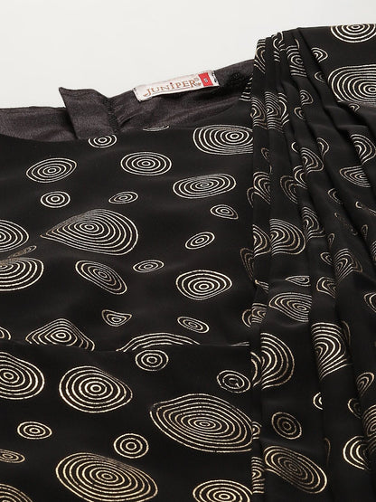 Women's Black Georgette Printed Flared Gown with Drape