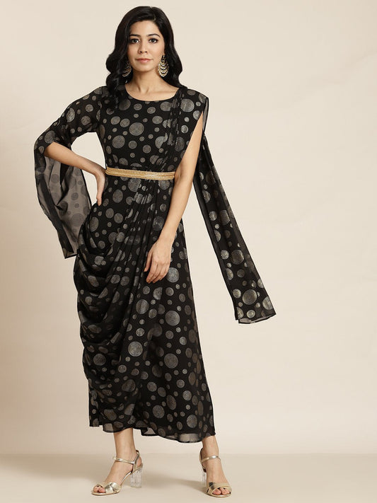 Women's Black Georgette Printed Flared Gown with Drape