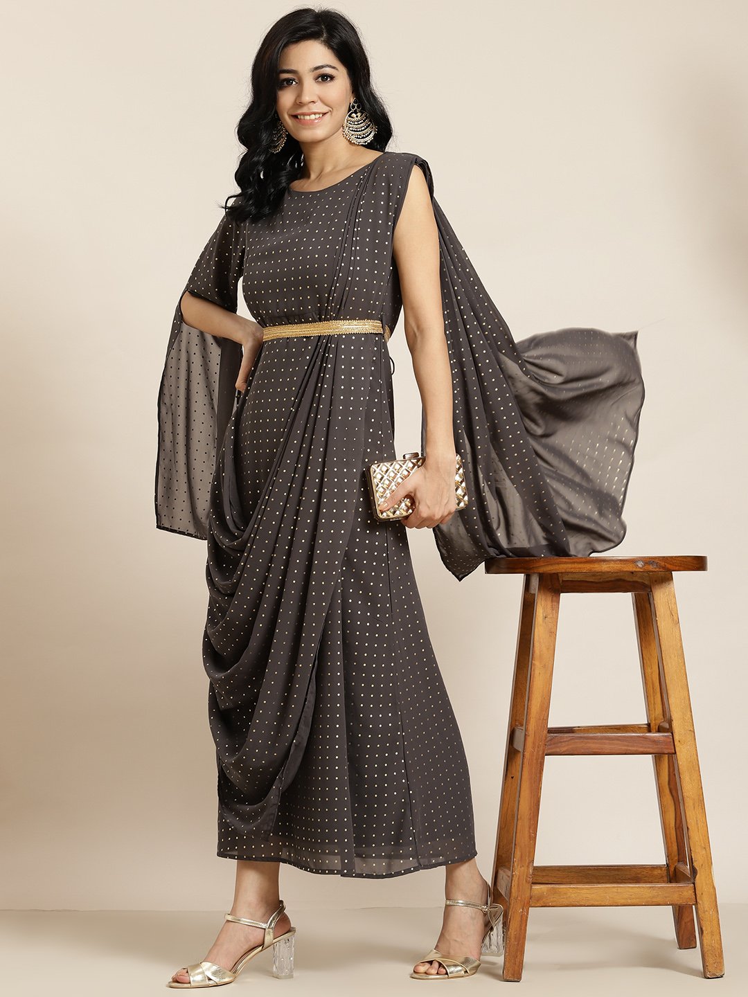 Women's Grey Georgette Printed Flared Gown with Drape