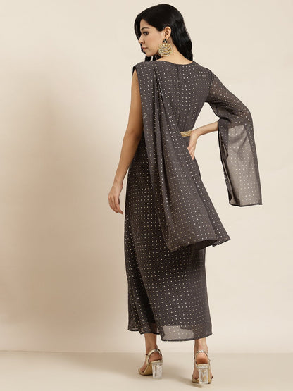 Women's Grey Georgette Printed Flared Gown with Drape