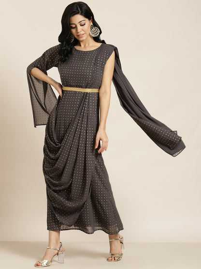 Women's Grey Georgette Printed Flared Gown with Drape