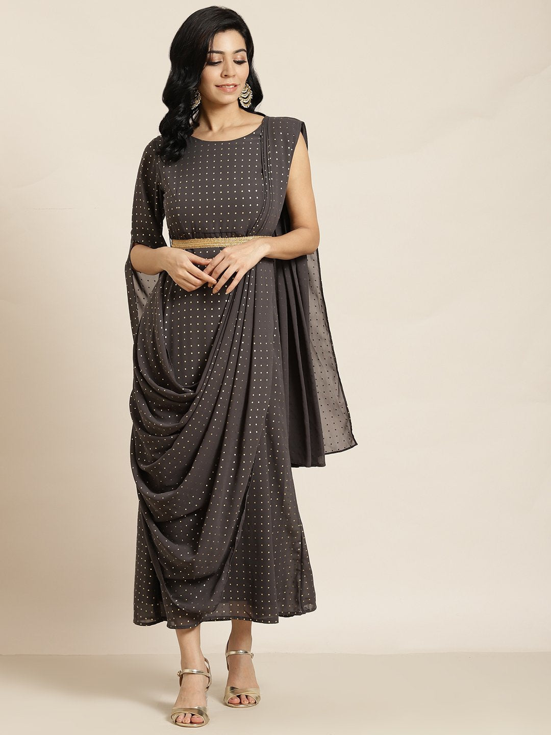 Women's Grey Georgette Printed Flared Gown with Drape