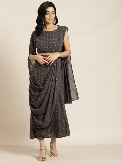 Women's Grey Georgette Printed Flared Gown with Drape