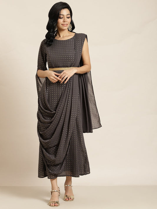 Women's Grey Georgette Printed Flared Gown with Drape