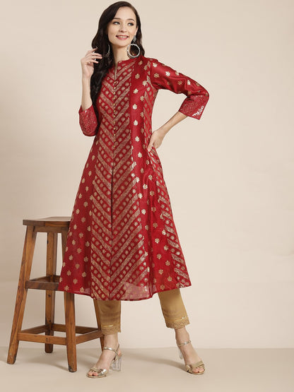 Women's Chanderi Silk Gold Foil Print Anarkali Kurta with Shantoon Inner