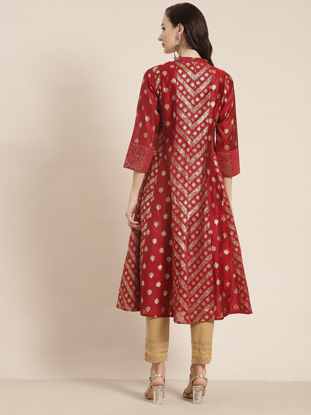 Women's Chanderi Silk Gold Foil Print Anarkali Kurta with Shantoon Inner