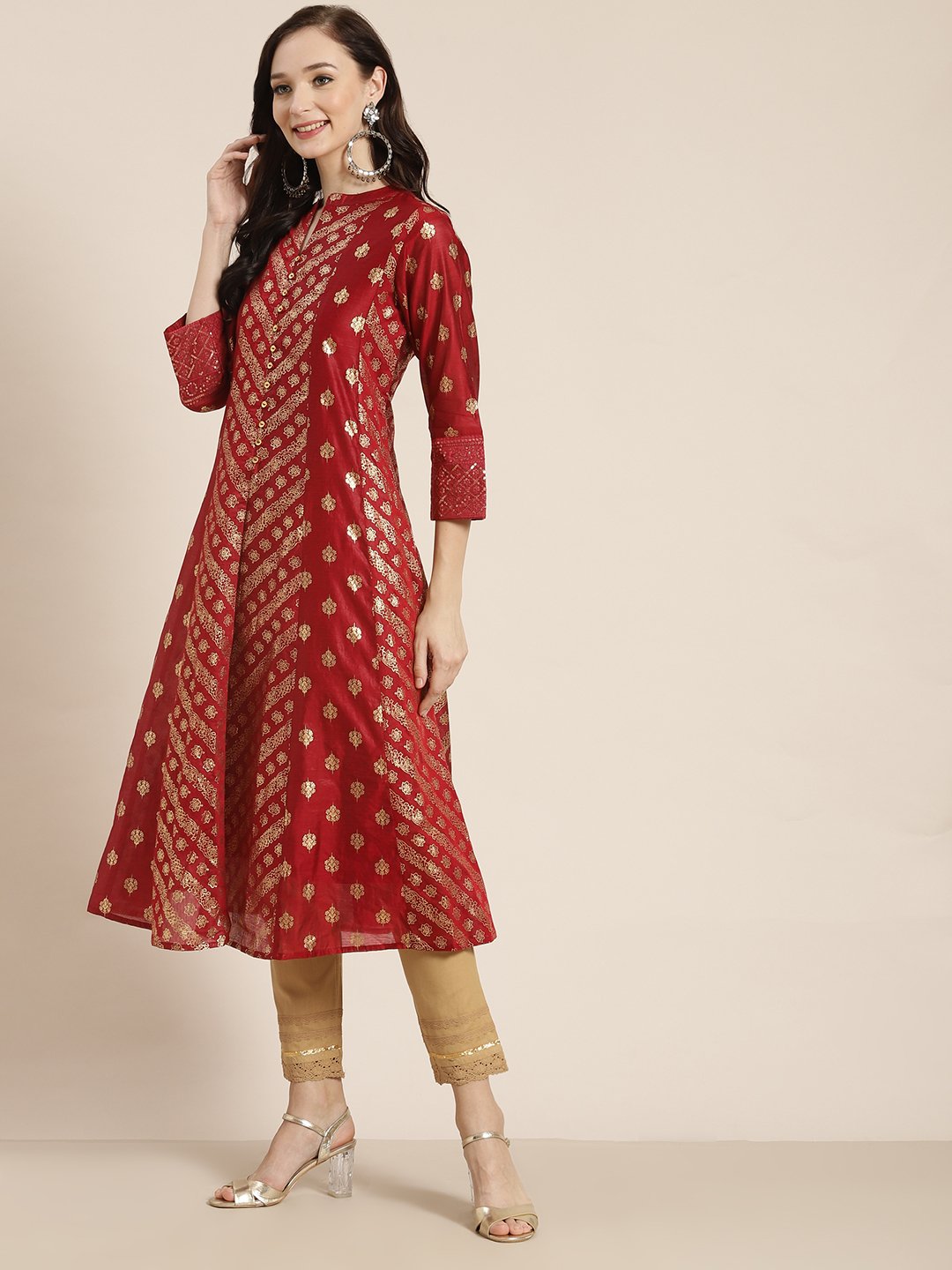 Women's Chanderi Silk Gold Foil Print Anarkali Kurta with Shantoon Inner