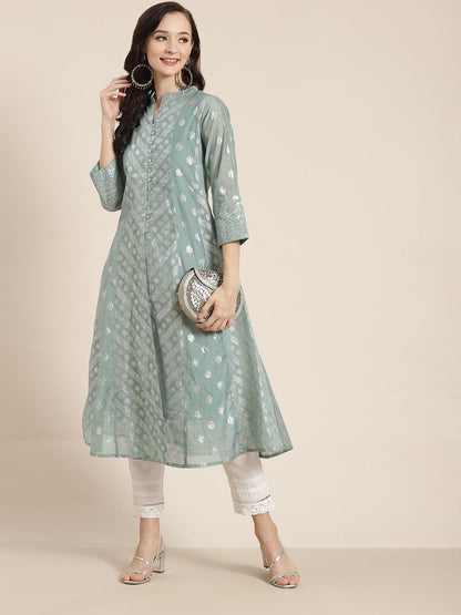 Women's Chanderi Silk Gold Foil Print Anarkali Kurta with Shantoon Inner