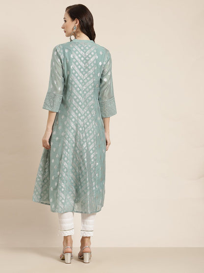 Women's Chanderi Silk Gold Foil Print Anarkali Kurta with Shantoon Inner
