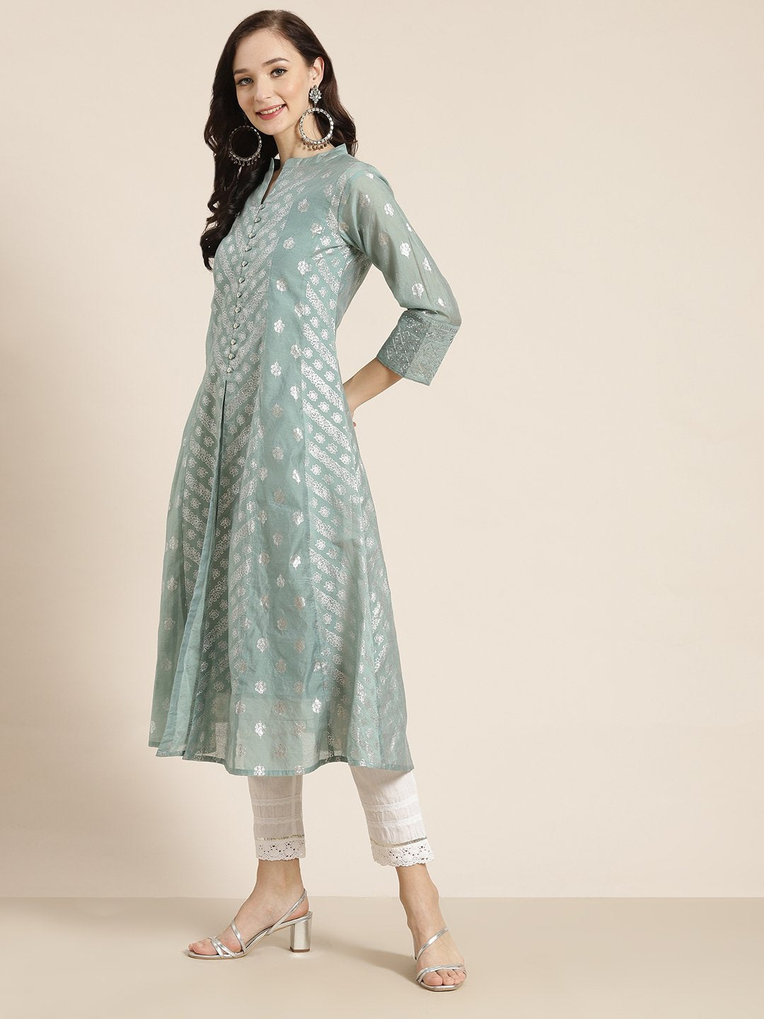 Women's Chanderi Silk Gold Foil Print Anarkali Kurta with Shantoon Inner