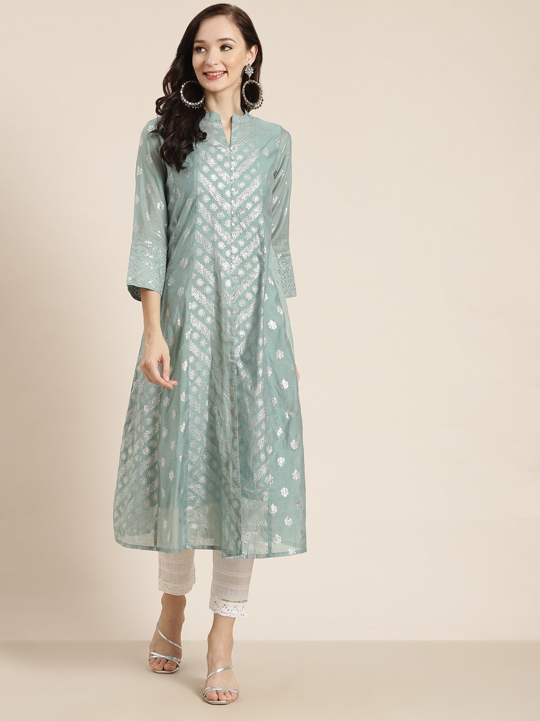 Women's Chanderi Silk Gold Foil Print Anarkali Kurta with Shantoon Inner