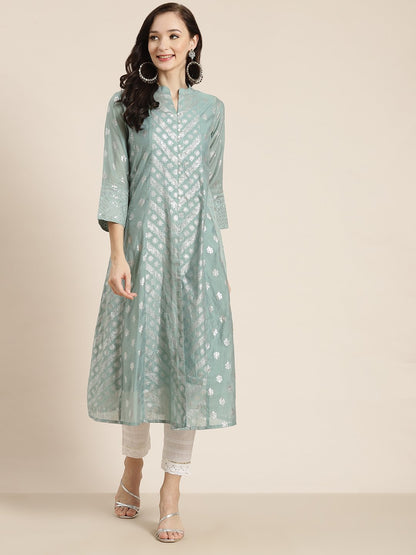 Women's Chanderi Silk Gold Foil Print Anarkali Kurta with Shantoon Inner