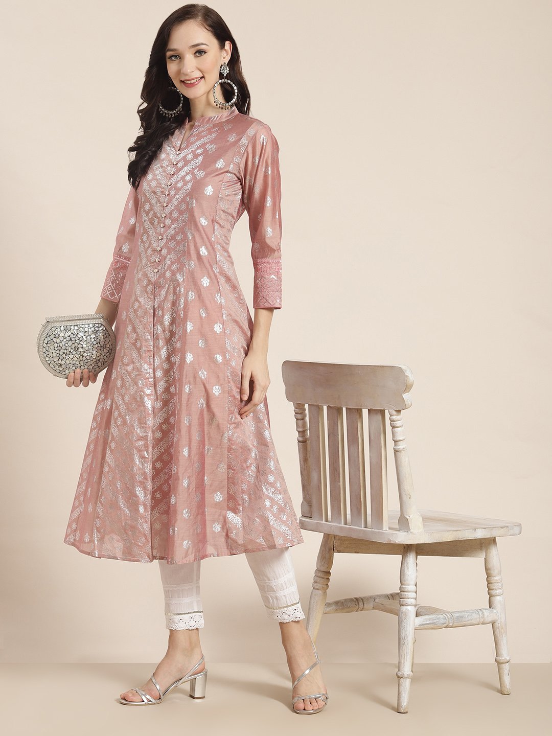 Women's Chanderi Silk Gold Foil Print Anarkali Kurta with Shantoon Inner