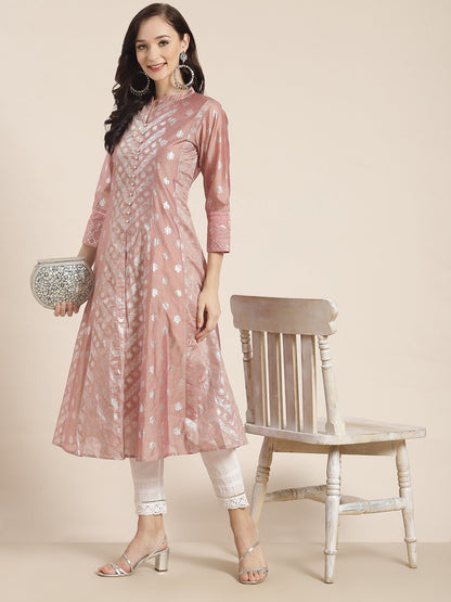 Women's Chanderi Silk Gold Foil Print Anarkali Kurta with Shantoon Inner