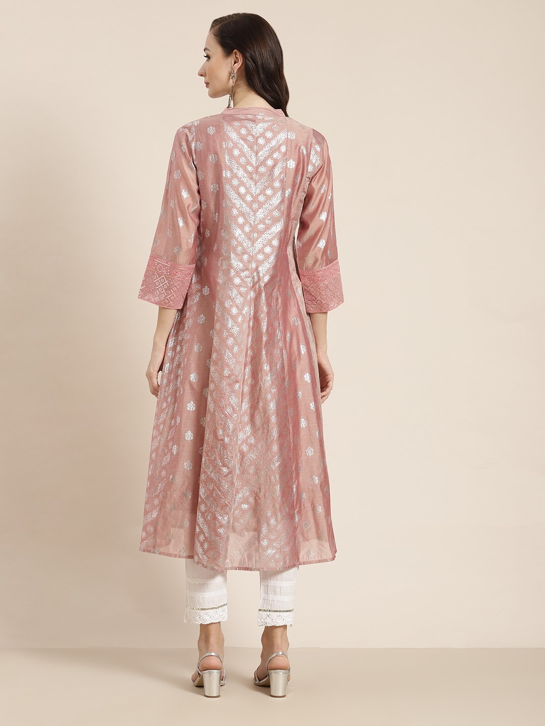 Women's Chanderi Silk Gold Foil Print Anarkali Kurta with Shantoon Inner