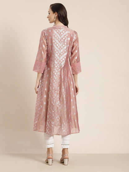Women's Chanderi Silk Gold Foil Print Anarkali Kurta with Shantoon Inner