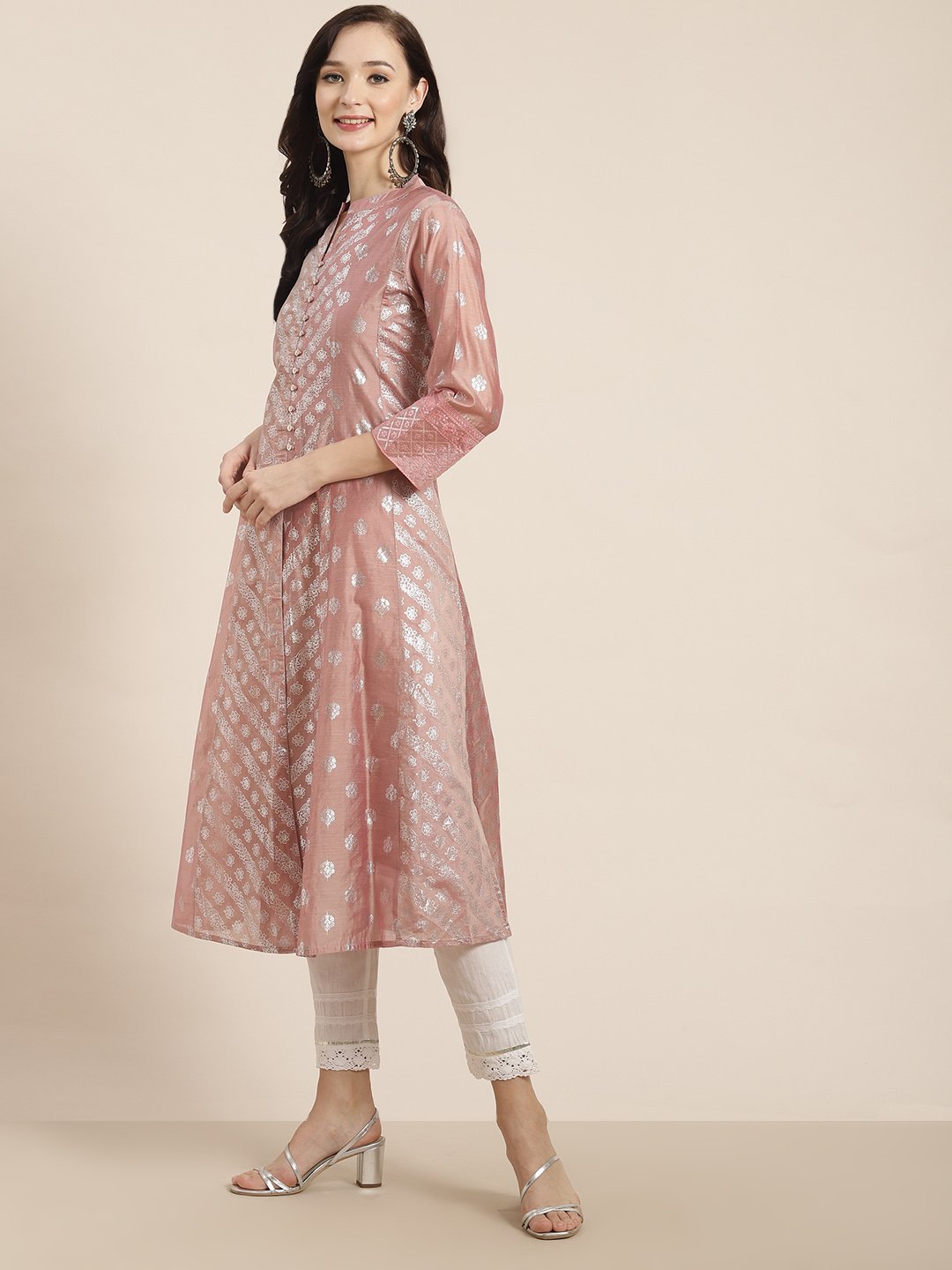 Women's Chanderi Silk Gold Foil Print Anarkali Kurta with Shantoon Inner