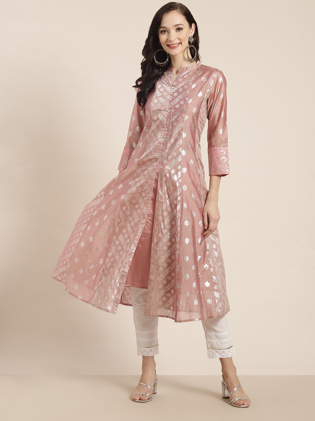 Women's Chanderi Silk Gold Foil Print Anarkali Kurta with Shantoon Inner