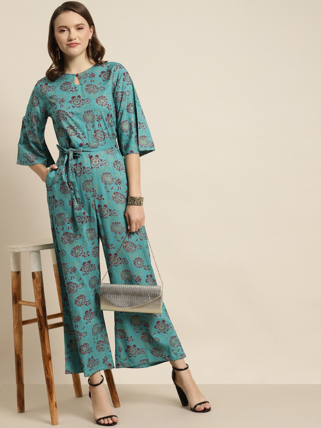 Women's Teal Rayon Floral Print Jumpsuit