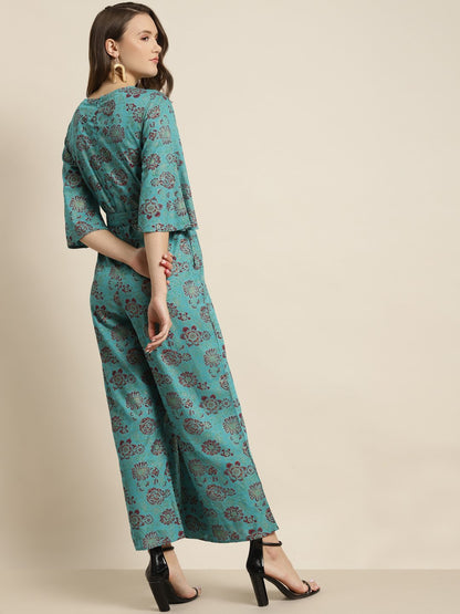 Women's Teal Rayon Floral Print Jumpsuit
