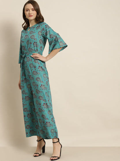 Women's Teal Rayon Floral Print Jumpsuit