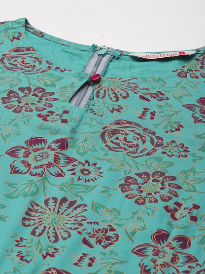 Women's Teal Rayon Floral Print Jumpsuit