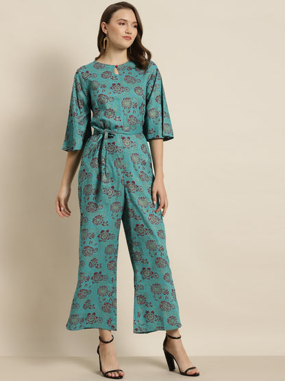 Women's Teal Rayon Floral Print Jumpsuit