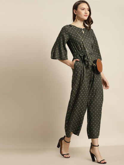 Women's Olive Rayon Ethnic Motif Print Jumpsuit