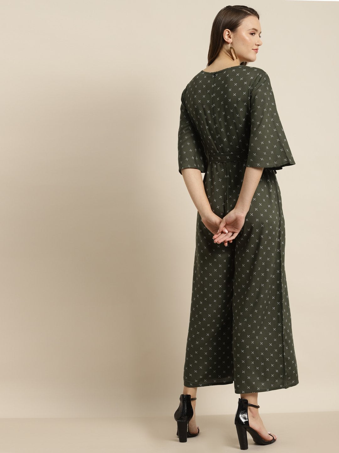 Women's Olive Rayon Ethnic Motif Print Jumpsuit