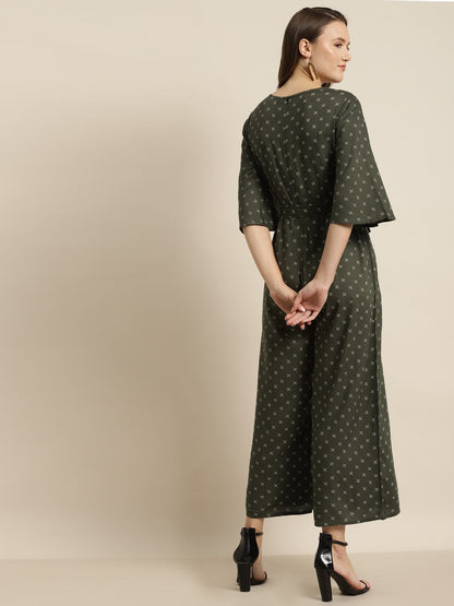Women's Olive Rayon Ethnic Motif Print Jumpsuit