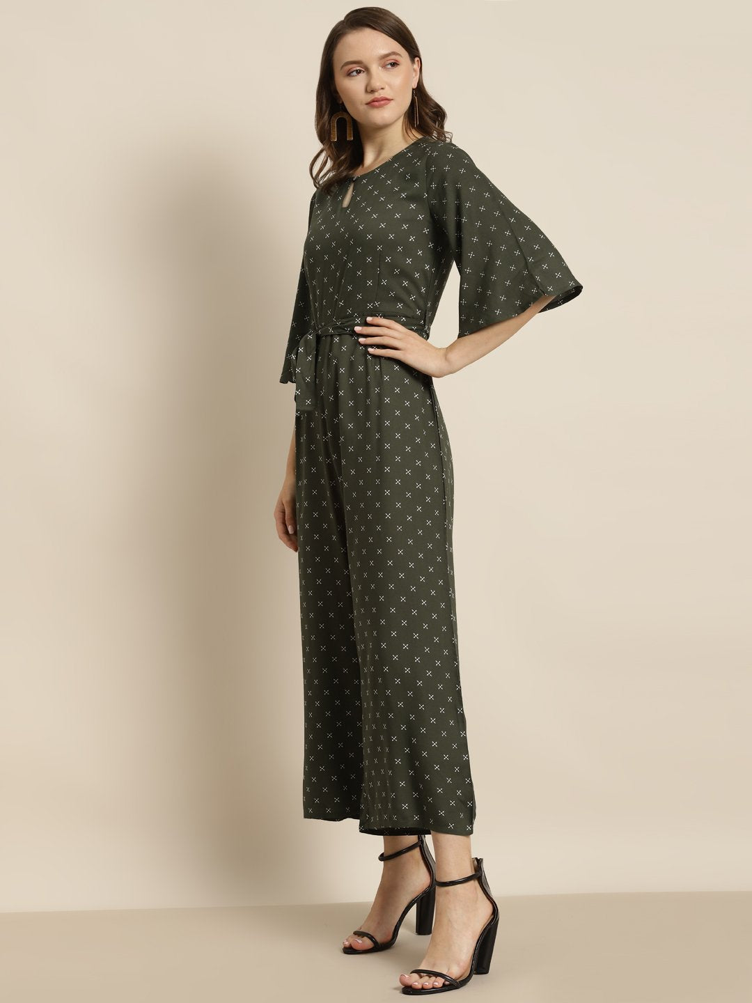 Women's Olive Rayon Ethnic Motif Print Jumpsuit