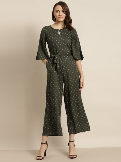 Women's Olive Rayon Ethnic Motif Print Jumpsuit