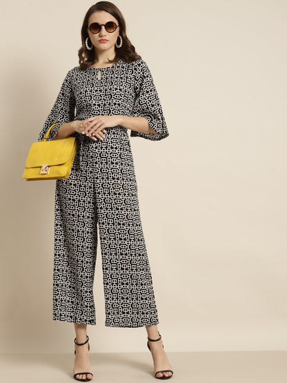 Women's Black Rayon Geometric Print Jumpsuit