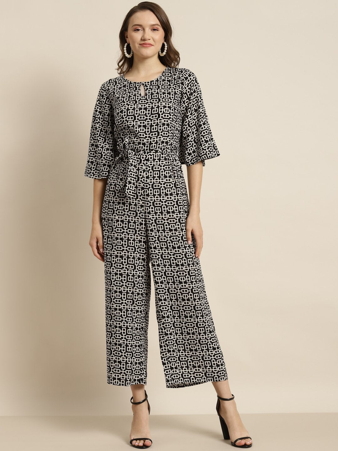Women's Black Rayon Geometric Print Jumpsuit