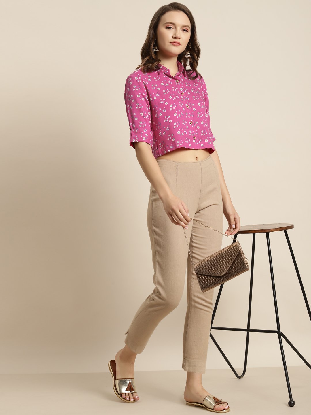 Women's Pink Rayon Floral Print Top