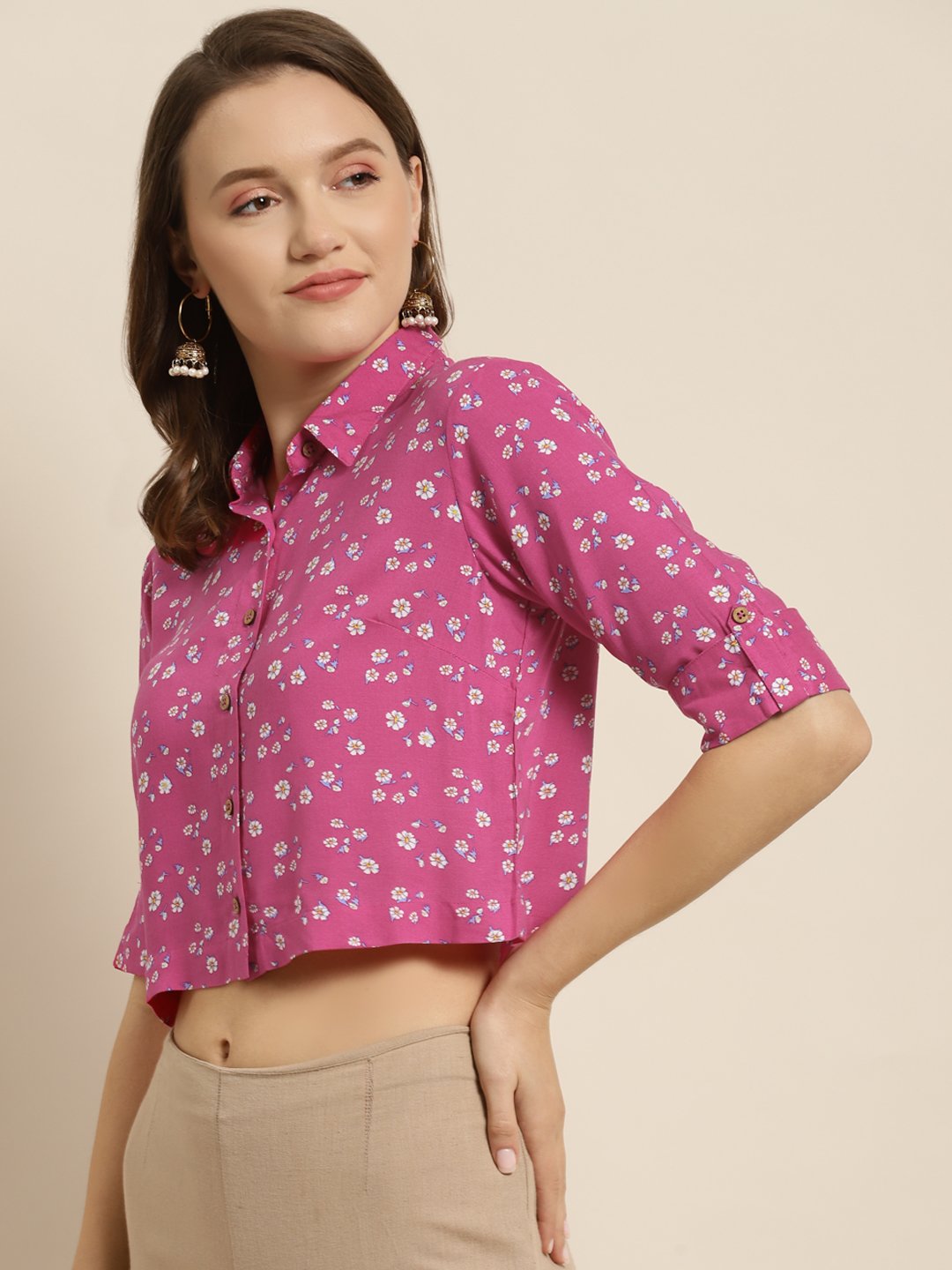 Women's Pink Rayon Floral Print Top