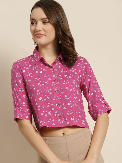 Women's Pink Rayon Floral Print Top