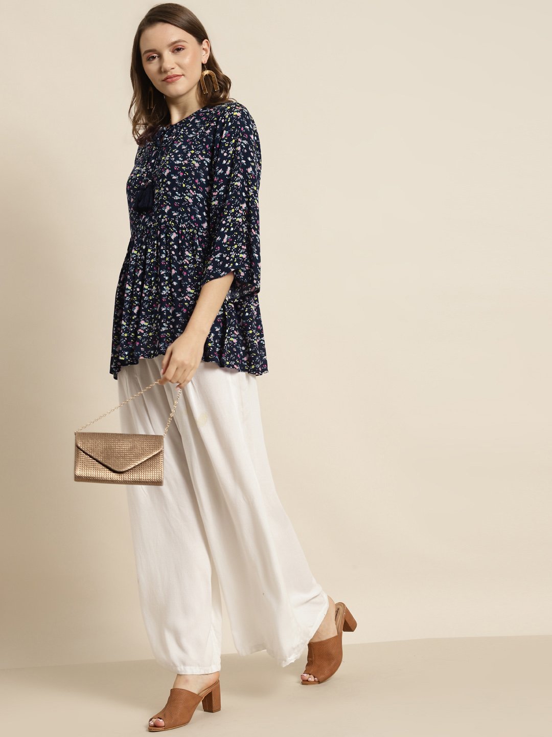 Women's Navy Rayon Crepe Floral Print Tunic