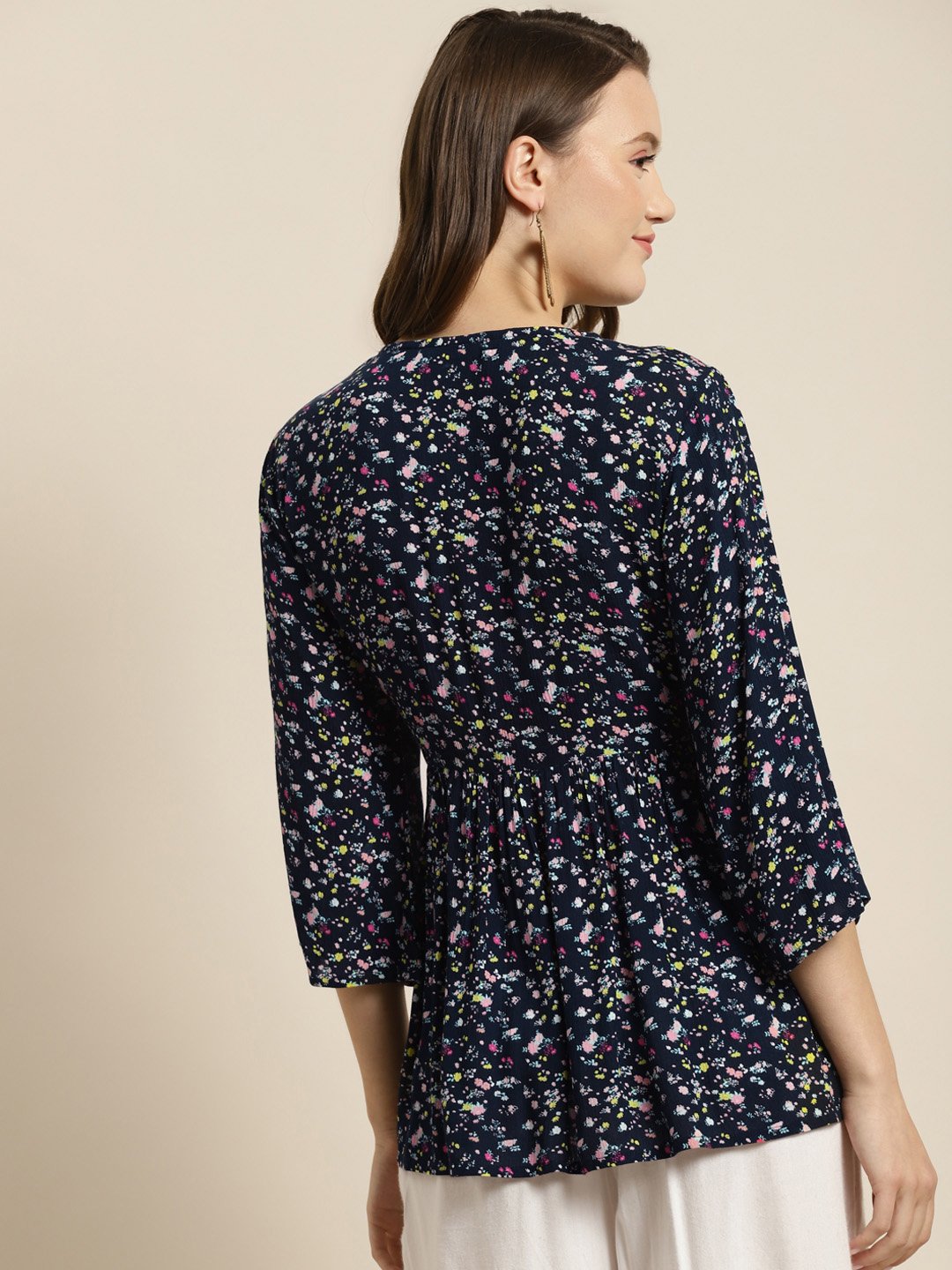 Women's Navy Rayon Crepe Floral Print Tunic